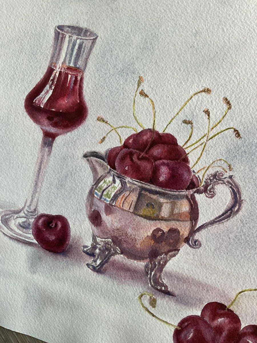 Illustrative Still Life Watercolour By Natalia Butenko, 14 X 10", Cherries Liqueur, Original Watercolour, Original Artwork