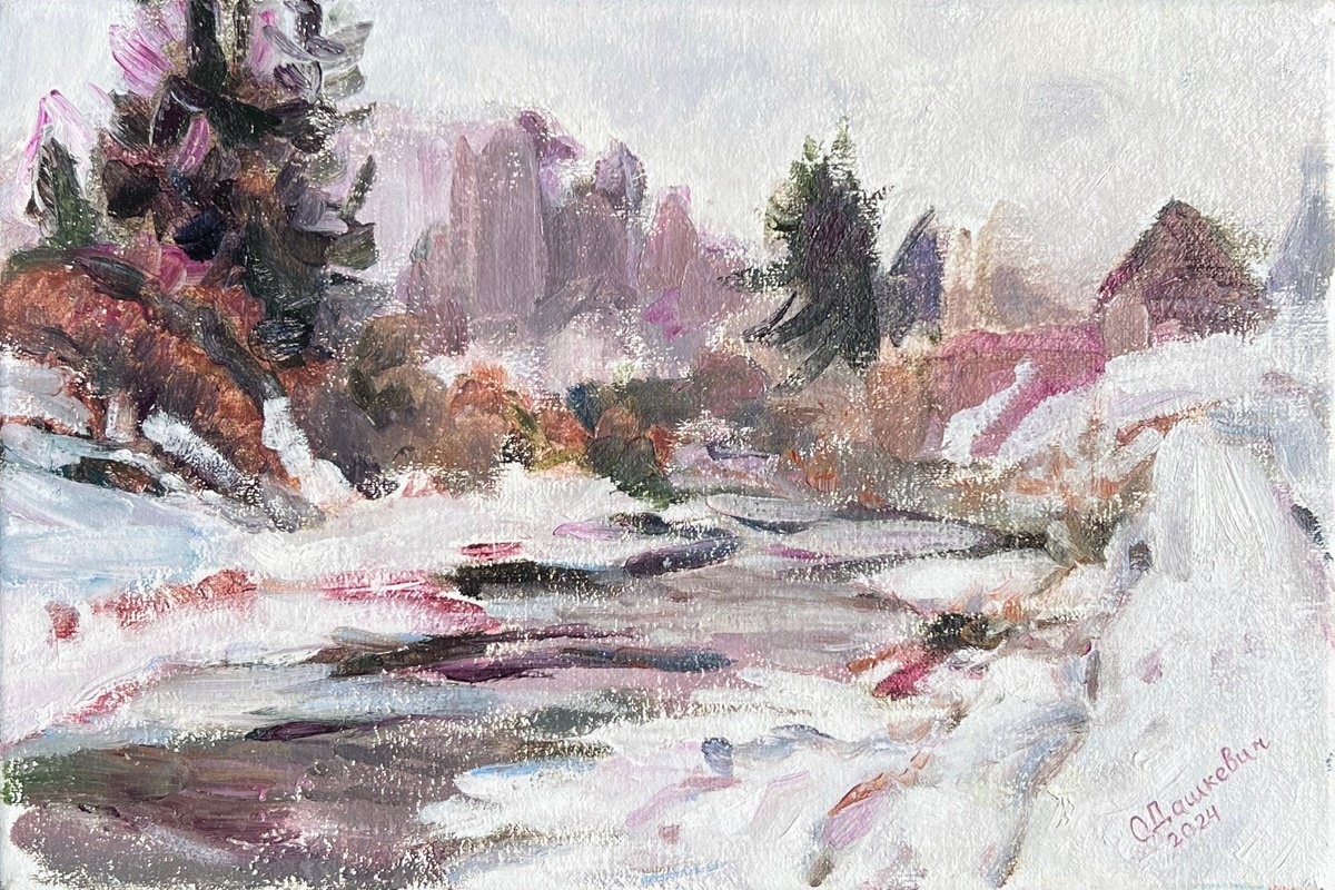Impressionistic Landscape Oil Painting By Olha Dashkevych, 12 X 8", - Winter Etude - ?, Original Artwork