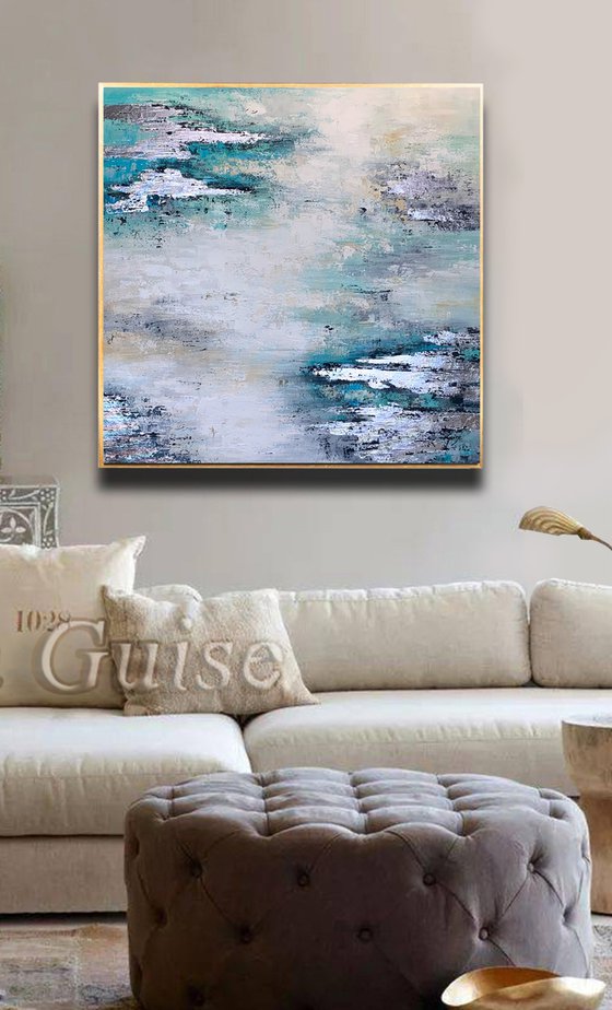 Light Of Day - Abstract White Grey Teal Silver Painting, Square Painting 32" Large Canvas, Minimalist Painting, Living Room Painting