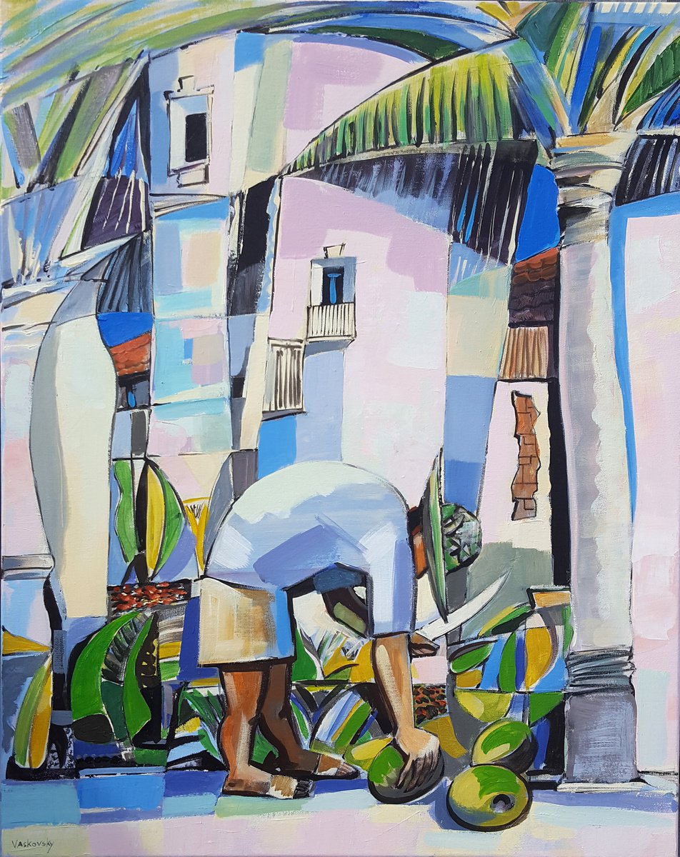 Expressive Portrait Acrylic Painting By Vadim Vaskovsky, 24 X 30", Man Cutting Coconuts, Original Artwork