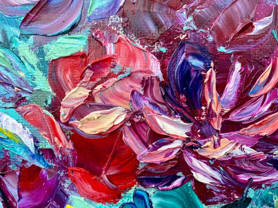 Petals - splashes of color, 25*35cm, impressionistic flowers oil painting with texture (a bit impasto)