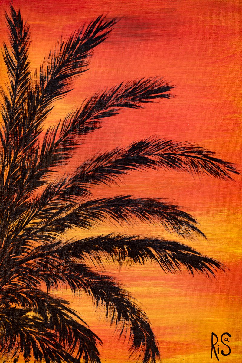 SUMMER SUNSET - small desktop art, fiery sky, palm branches, California skyline by Rimma Savina