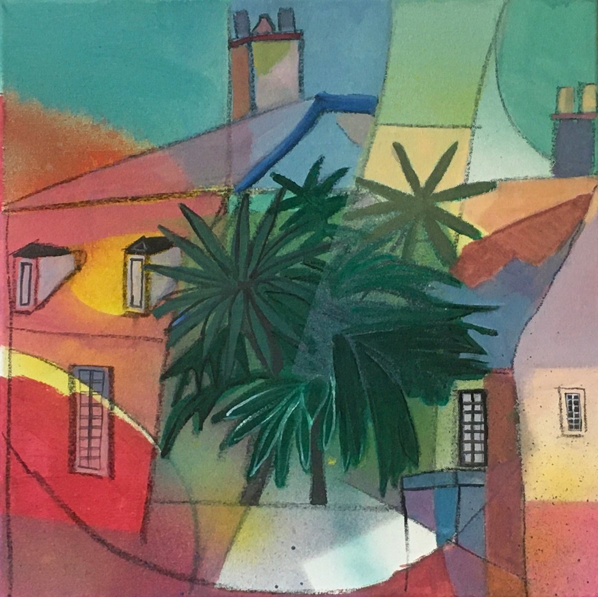 Illustrative Cityscapes Acrylic Painting By Chihiro Kinjo, 16 X 16, Bayeux 1, Original Artwork