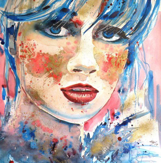 Girl in blue and gold