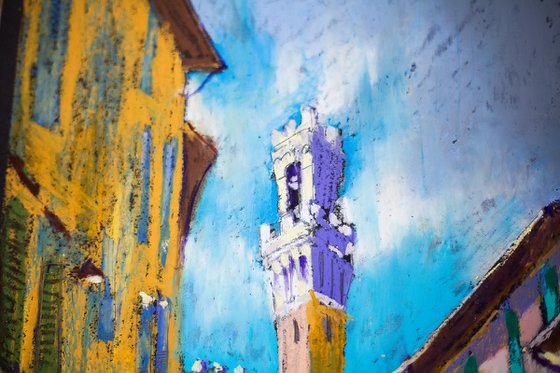 Siena. View of the tower from the street corner. Medium oil pastel drawing bright colors Italy