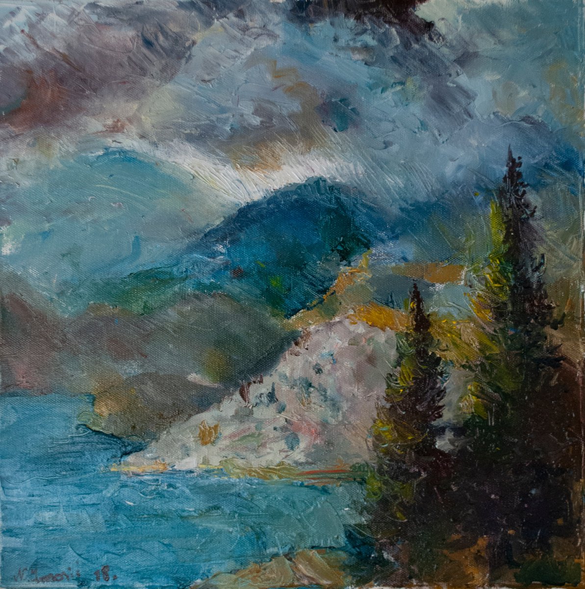 Impressionistic Landscape Oil Painting By Nikola Ivanovic, 16 X 16", A Coastline In A Storm, Original Artwork