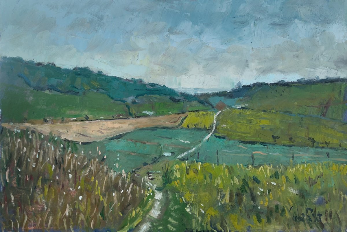 Impressionistic Landscape Oil Painting By Andre Pallat, 36 X 24, Track On The Farm, Original Artwork