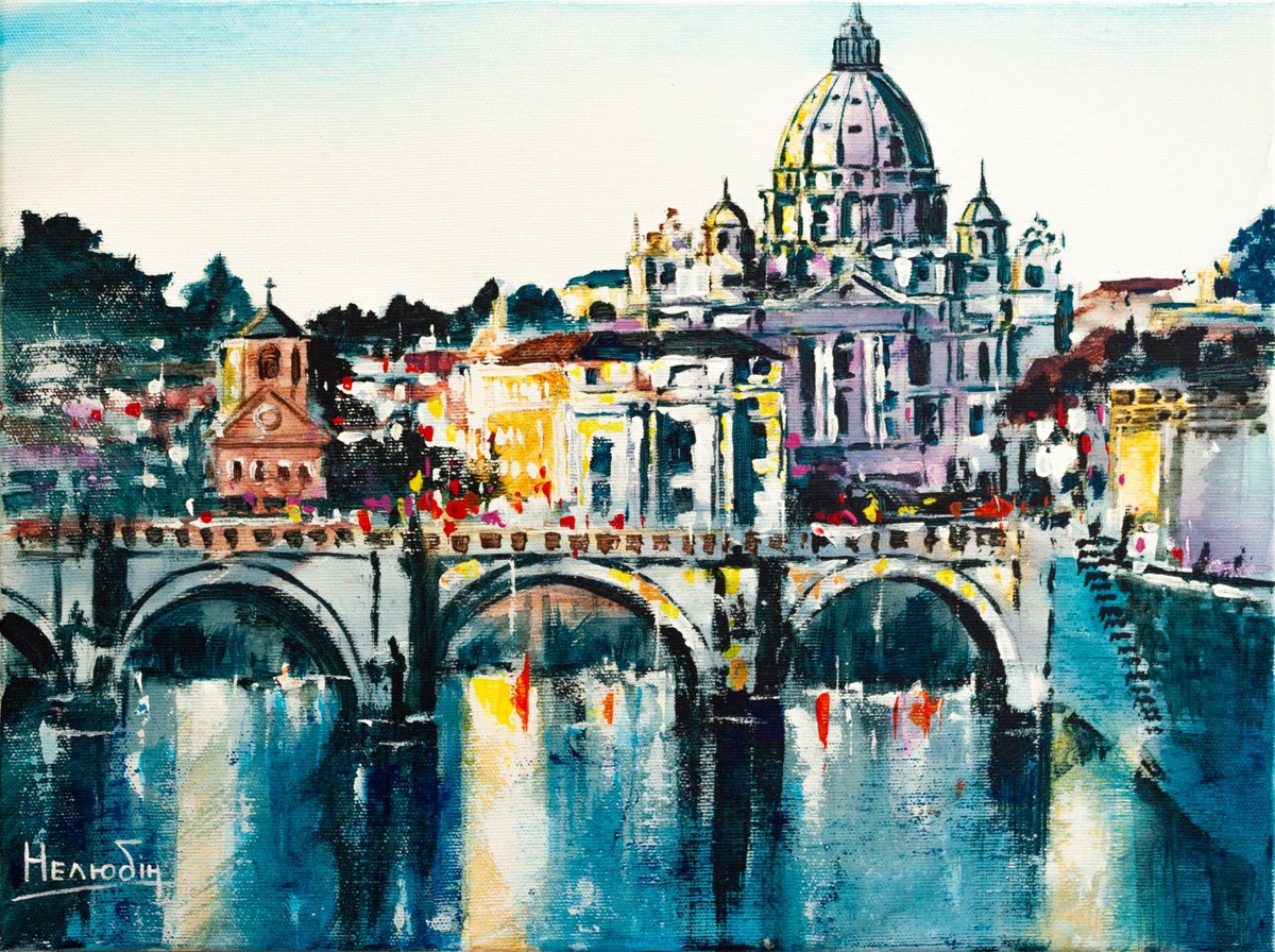 Impressionistic Cityscapes Acrylic Painting By Aleksandr Neliubin, 16 X 12, Rome, Original Artwork