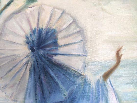 Portrait of Woman with Umbrella at Sea Shore Sunset Modern Blue Art