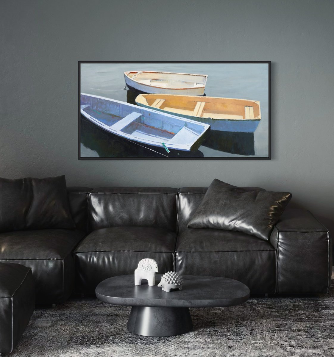 Impressionistic Landscape Oil Painting By Bo Kravchenko, 49 X 25, Boston Boats, Original Artwork