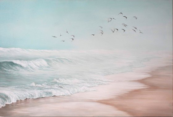 "Sea vibes 2" Blue beige landscape oil art