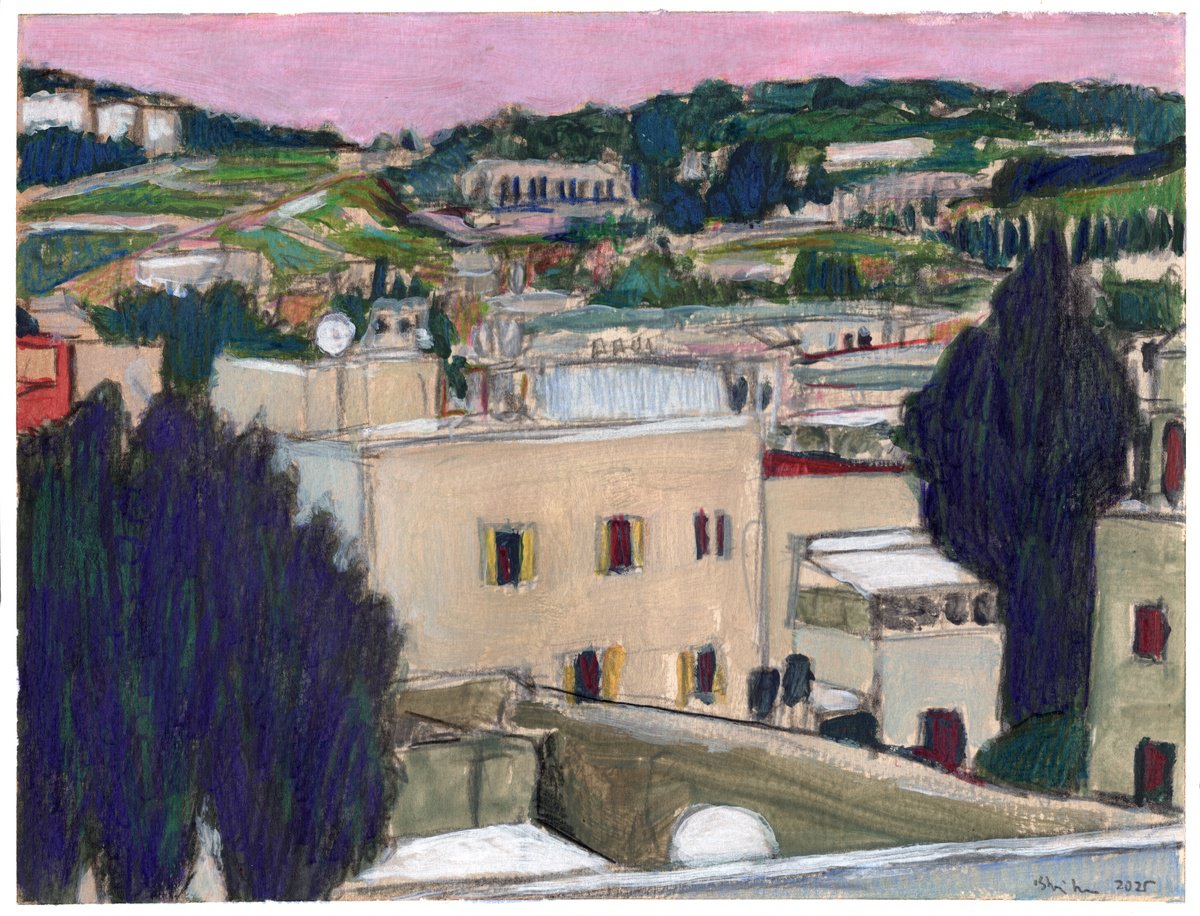 Impressionistic Landscape Painting By Ishai Rimmer, 11 X 8, Rooftop View, Original Artwork