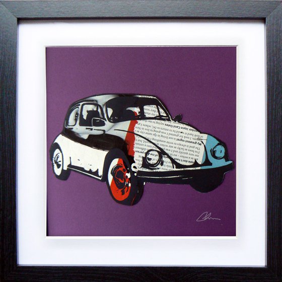 Framed collaged Beetle print (1960's - 1970's VW Beetle car - one of a kind - lino-print collage)