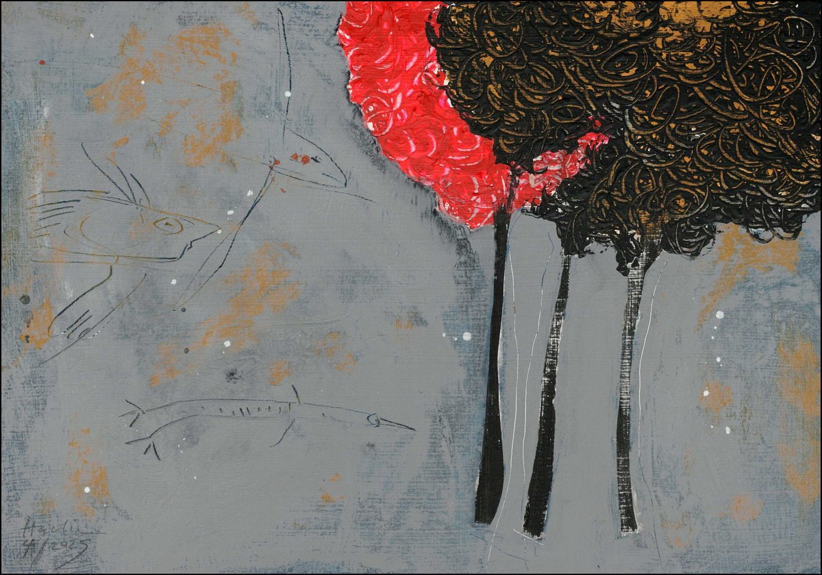 Landscape Acrylic Painting By Jiri Havlik, 20 X 14, Red Tree, Original Artwork