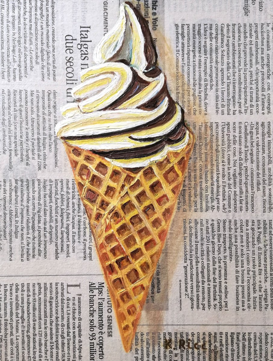 Ice Cream on Newspaper Original Oil on Canvas Board Painting 7 by 10 inches (18x24 cm) by Katia Ricci