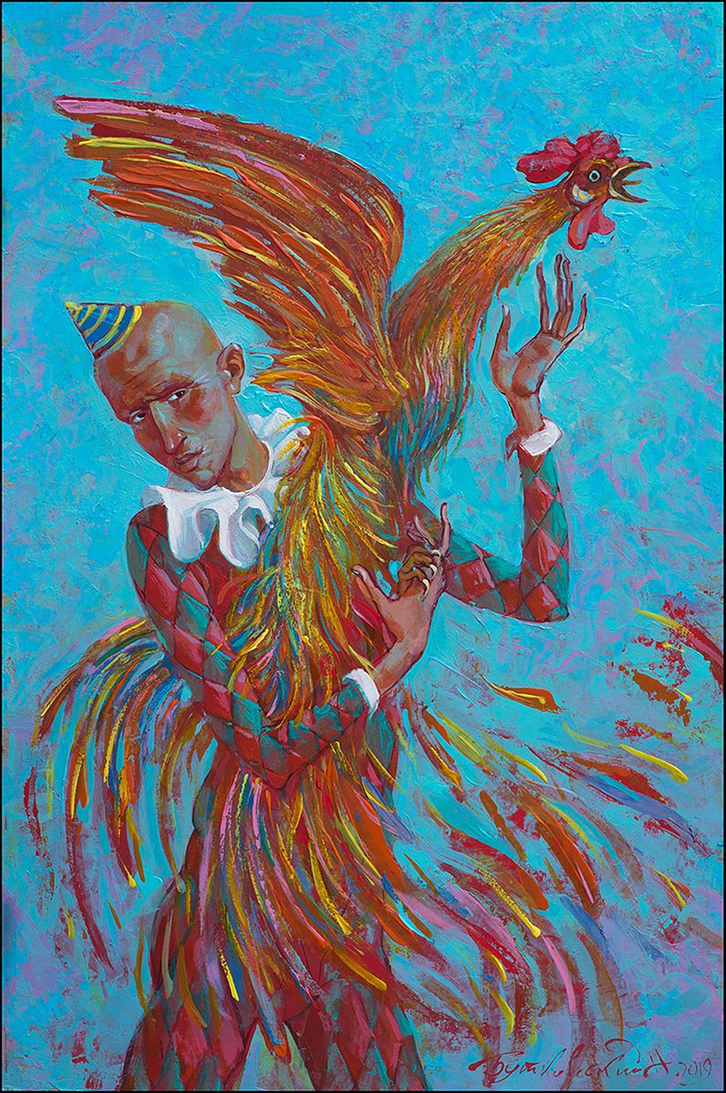 Impressionistic Portrait Acrylic Painting By Nicolay Vydcovsky, 16 X 24", With The Rooster, Original Artwork