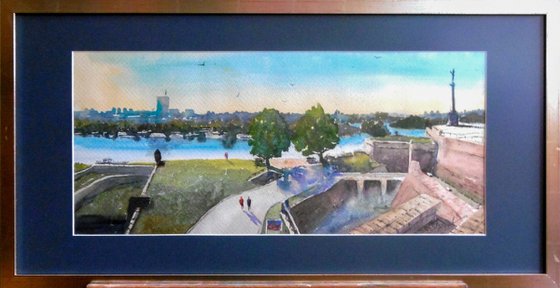 Kalemegdan Beograd panorama skyline - original watercolor art by Nenad Kojić