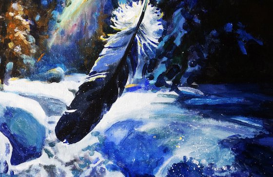 Falling Feather In Winter Forest