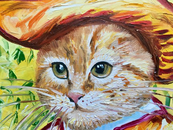 Satisfied  Cat La Van Gogh in a straw hat FELINE ART FOR CAT LOVERS GIFT IDEA