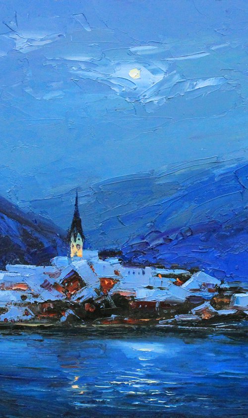 Night Hallstatt. Moon and clouds landscape by Alisa Onipchenko-Cherniakovska