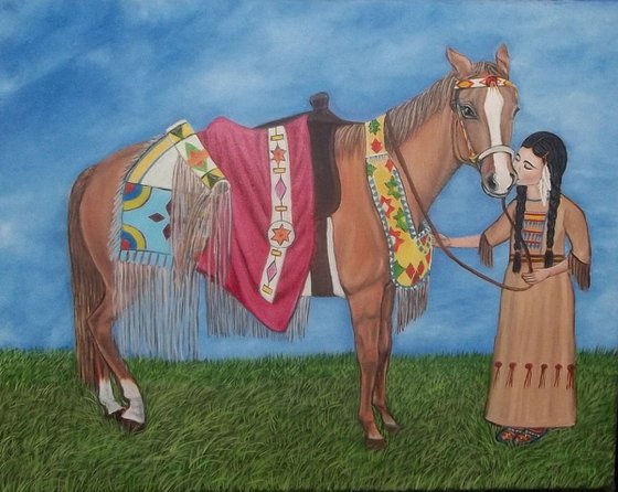Native American Indian Girl and her Horse
