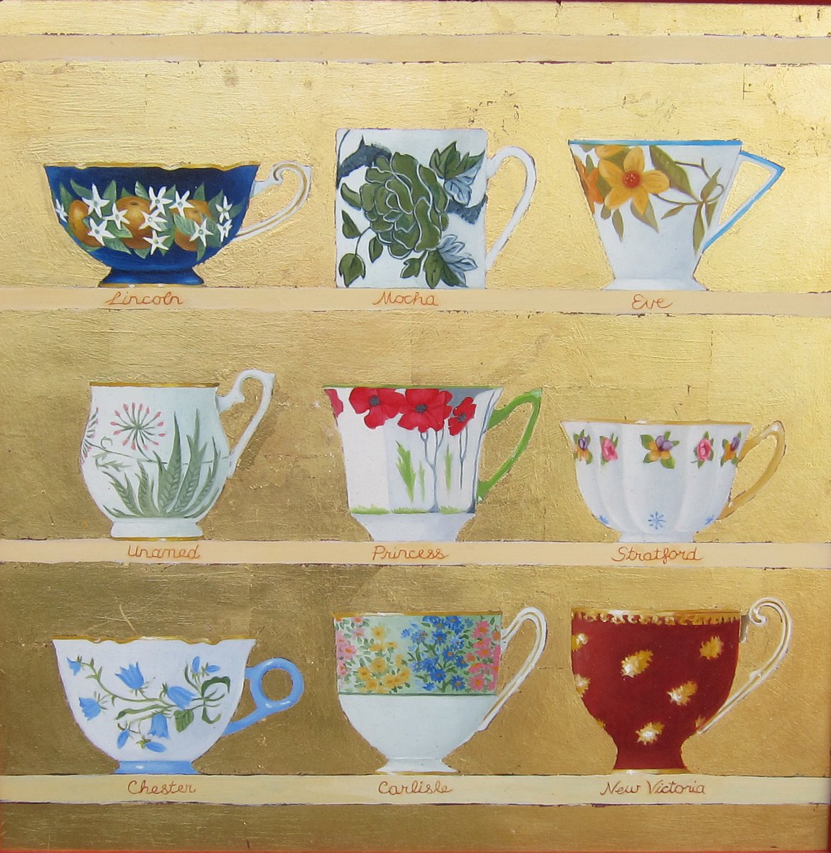 Teacups on gold background by Sophie Colmer-Stocker