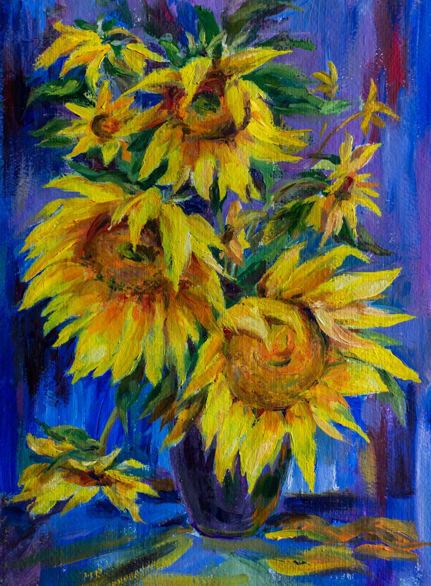 Impressionistic Botanical Oil Painting By Galyna Shevchencko, 11 X 16, Sunflowers On Blue, Original Artwork