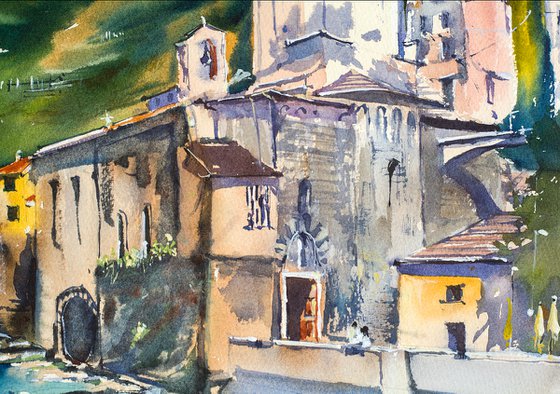 Vernazza. View of the tower and old town. Big format watercolor urban landscape Mediterranean italy sea bright architecture
