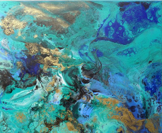 Modern abstract art blue green gold metallic painting ocean colors - Shimmer of the ocean