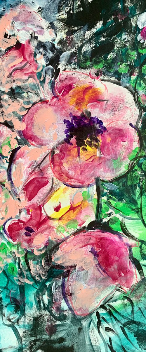 Pink and Green Abstract Painting for Home Decor, Floral Impressions Wall Art Decor, Artfinder Gift Ideas by Kumi Muttu