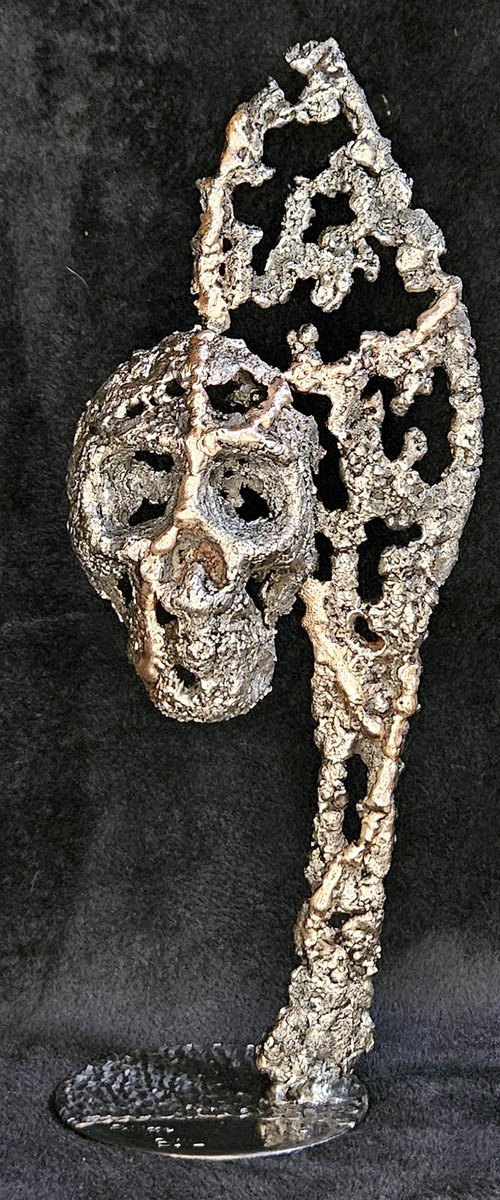 Flame skull 90-23 - Skull on flame metal sculpture by Philippe Buil