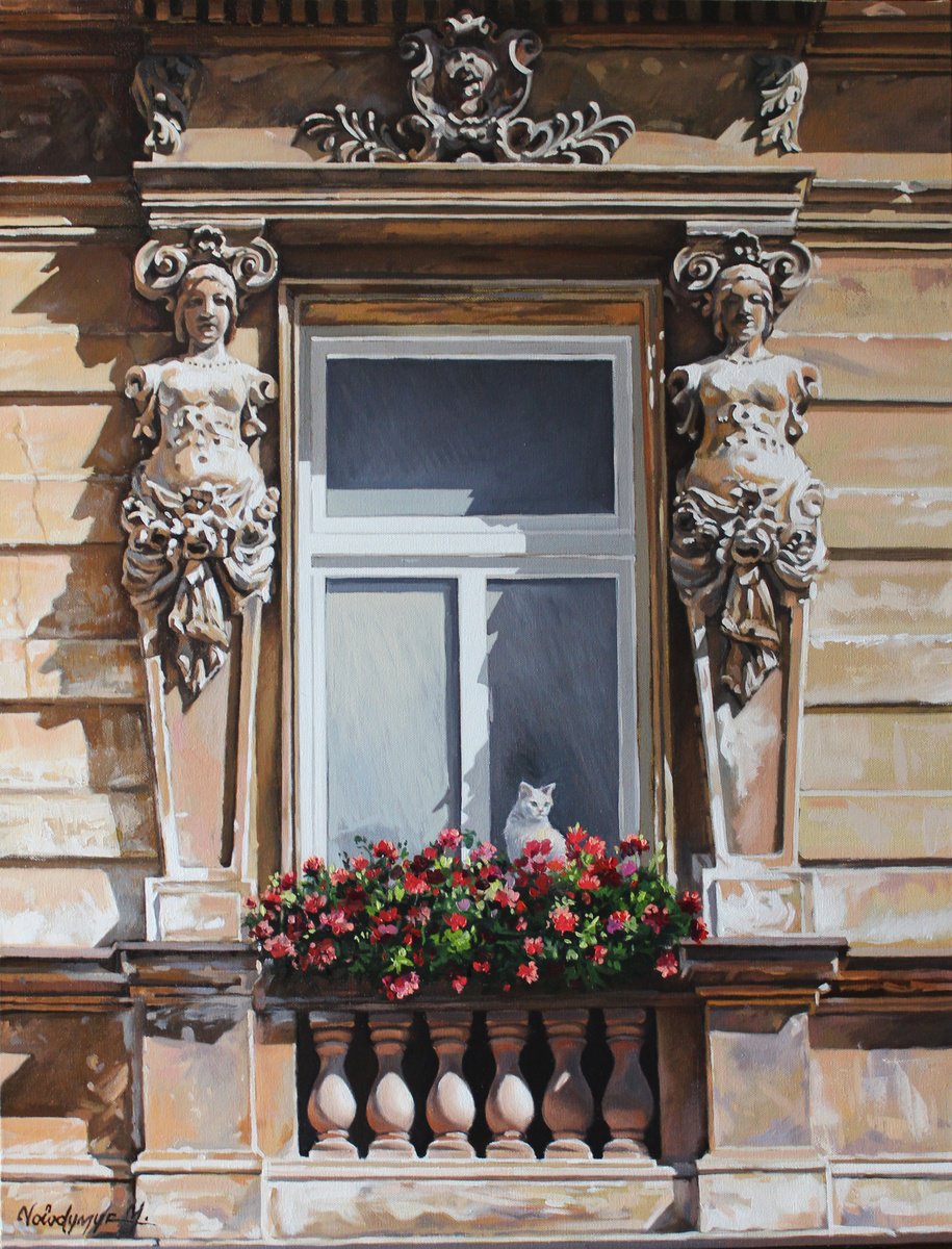 Impressionistic Cityscapes Oil Painting By Volodymyr Melnychuk, 22 X 30", Cat In The Window, Original Artwork