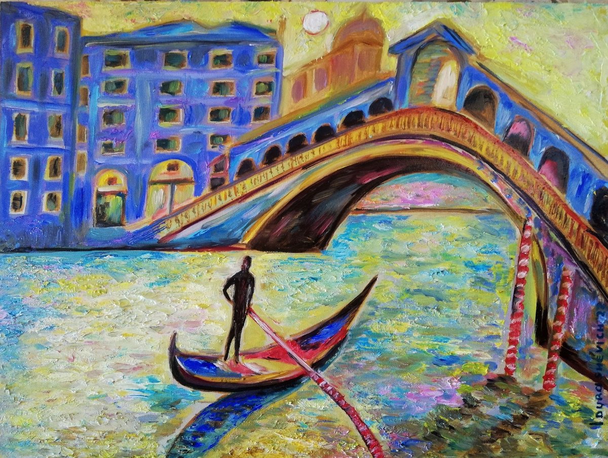 Impressionistic Landscape Oil Painting By Katia Ricci, 16 X 12", Gondolier, Original Artwork