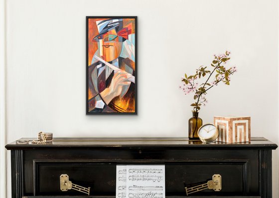 Cubist Flutist Art — Musician in Warm Hues