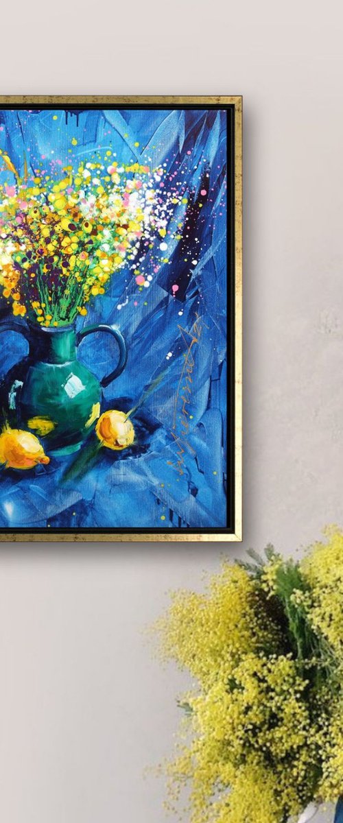 'BLUE AND YELLOW FLORAL JOY' - Acrylics Painting by Ion Sheremet