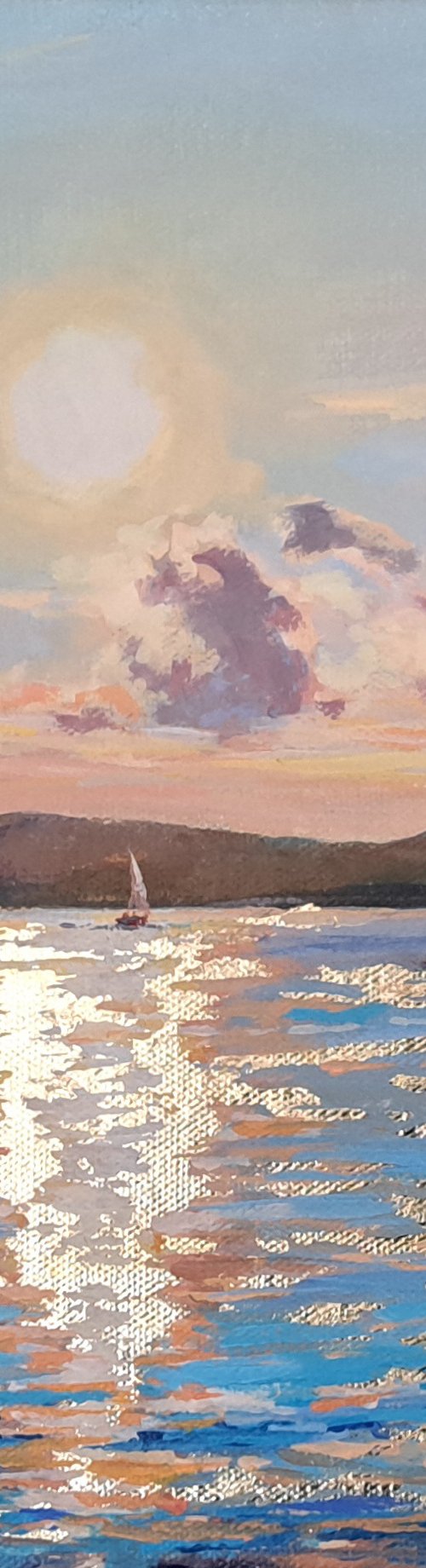 "Golden light over the ocean bay", original, acrylic and golden leaf on canvas impressionistic seascape by Alexander Koltakov