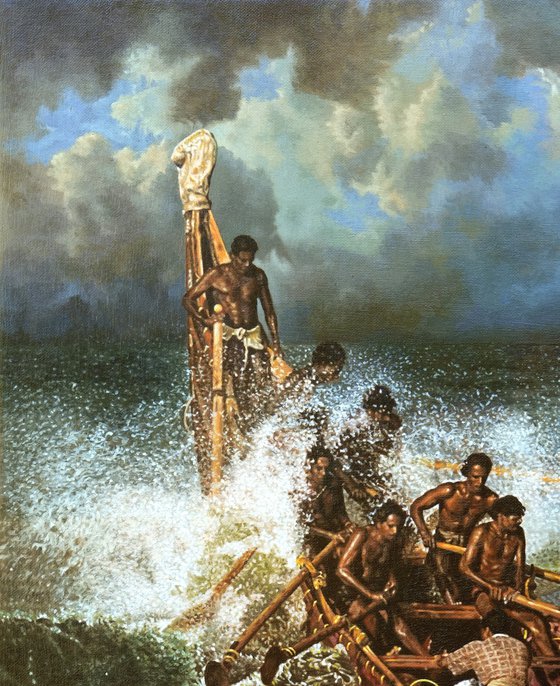 Fishermen and wave