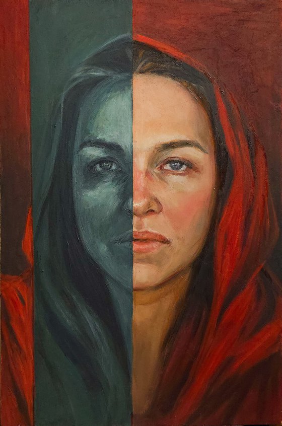 Self portrait in red & teal