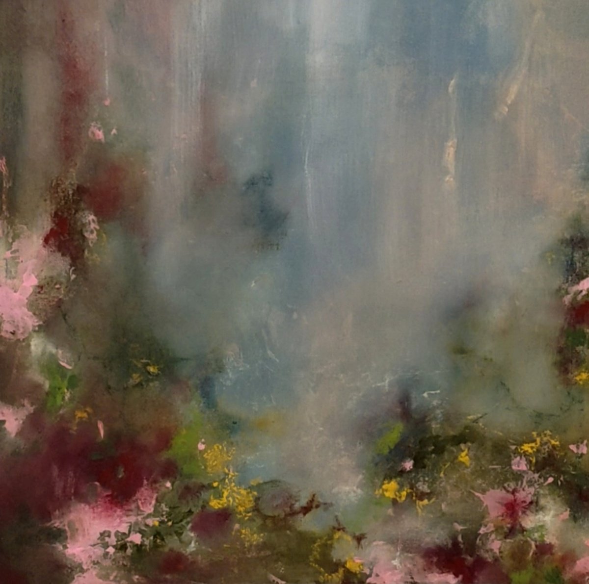 Abstract Landscape Oil Painting By Yuliia Kyrsanova, 20 X 20", Blooming Waterfall, Original Artwork