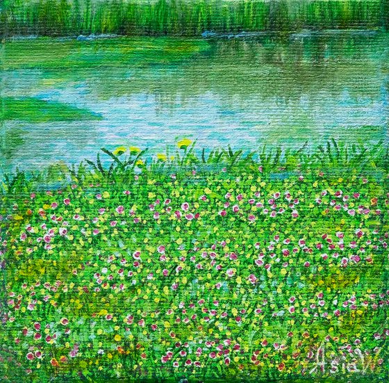 Landscape. Landscape with river and flowers.