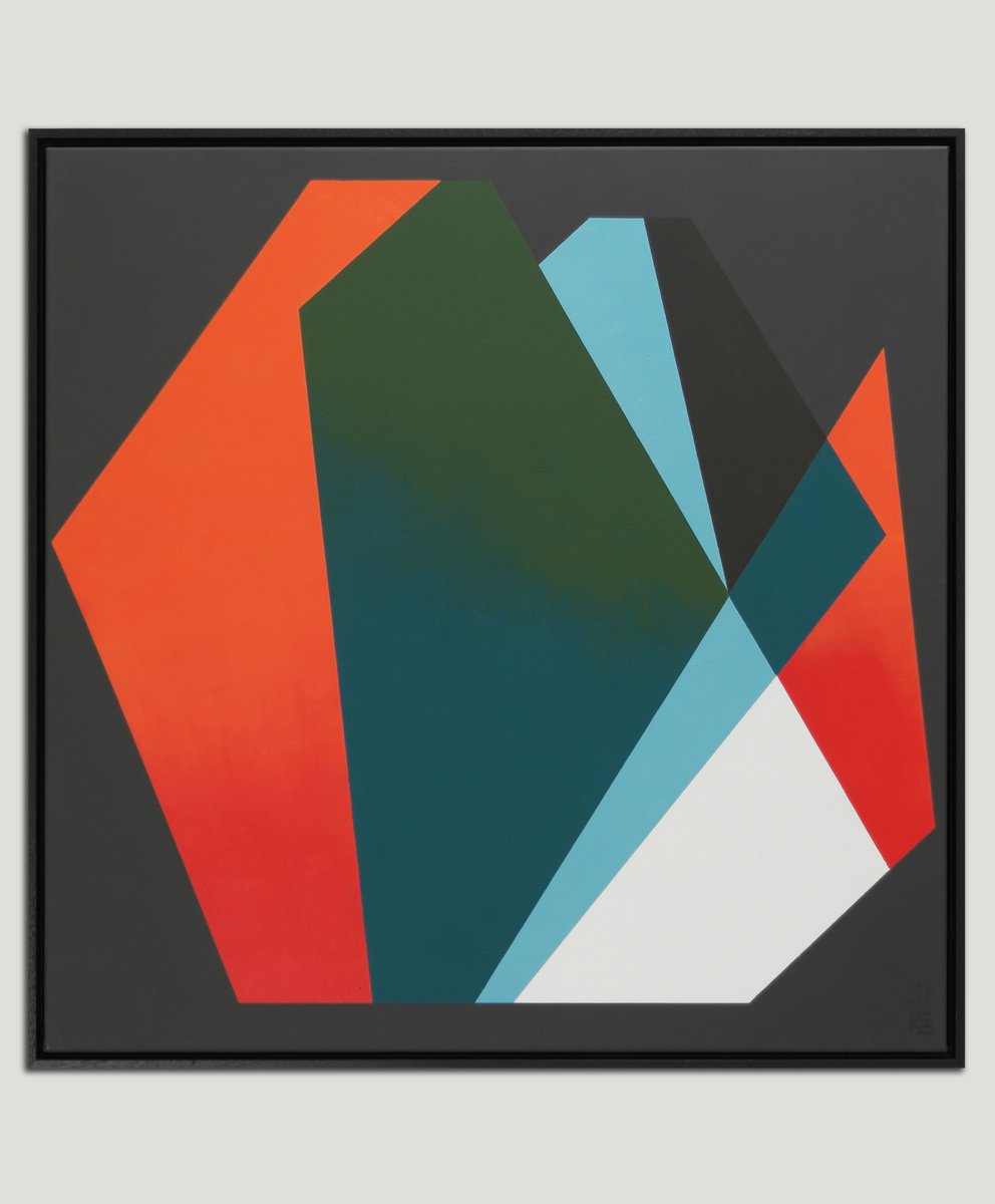 Abstract Acrylic Painting By Ronald Hunter, 37 X 37", Diamond Red & Blue Whale, Original Artwork