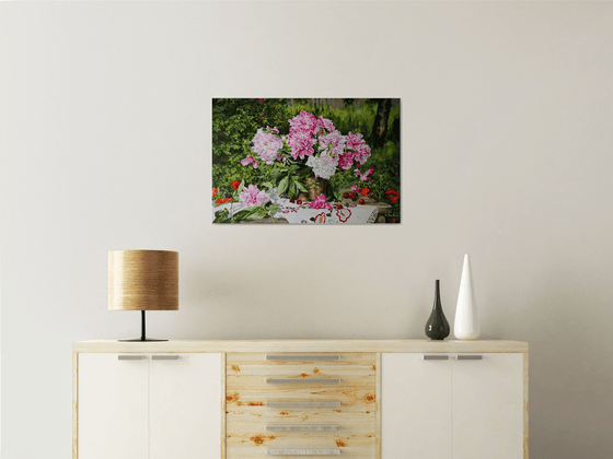 Peonies painting, Summer Scene