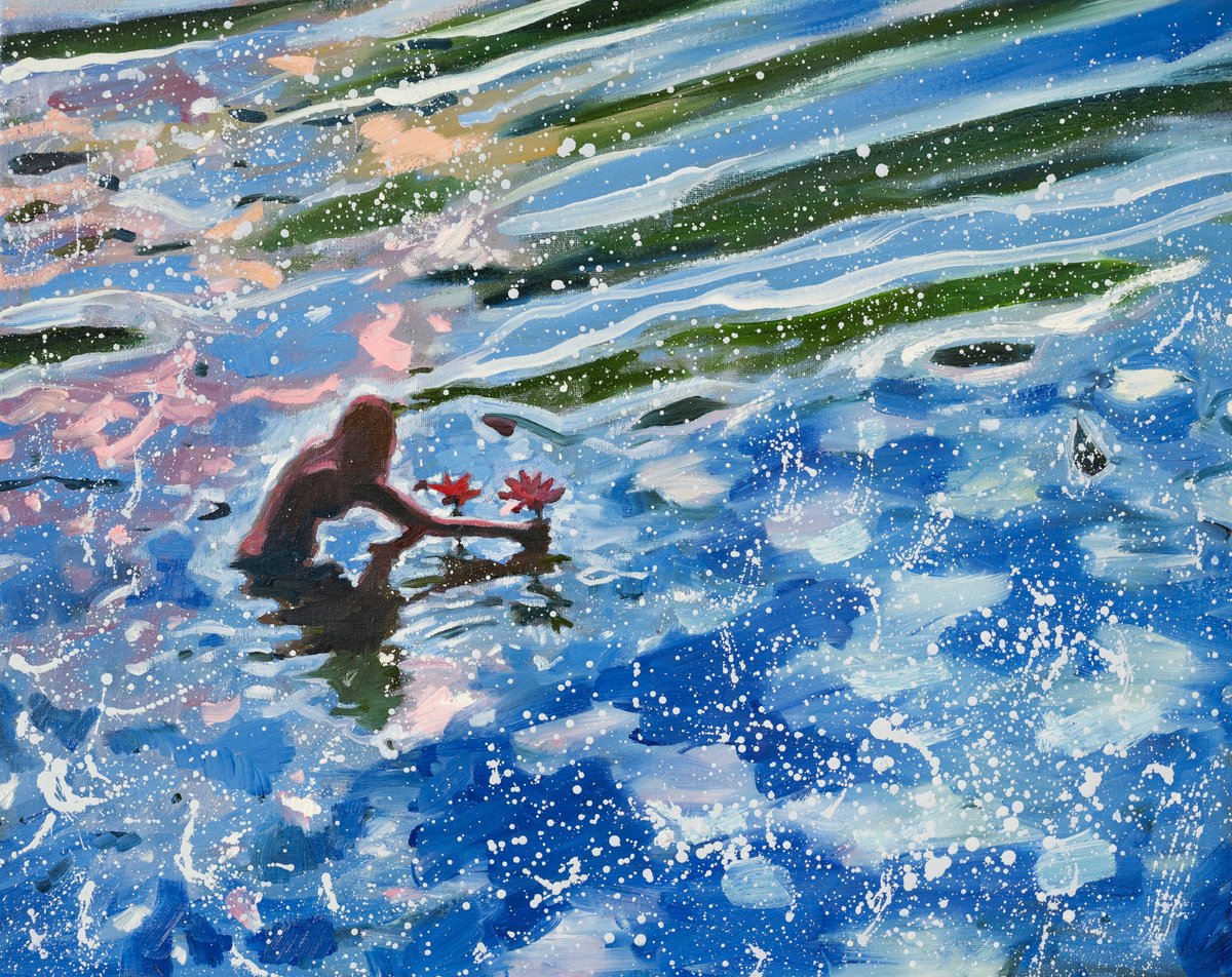 Impressionistic Landscape Oil Painting By Ron Cooper, 20 X 16", Reflection, Water, Lillies, Original Artwork