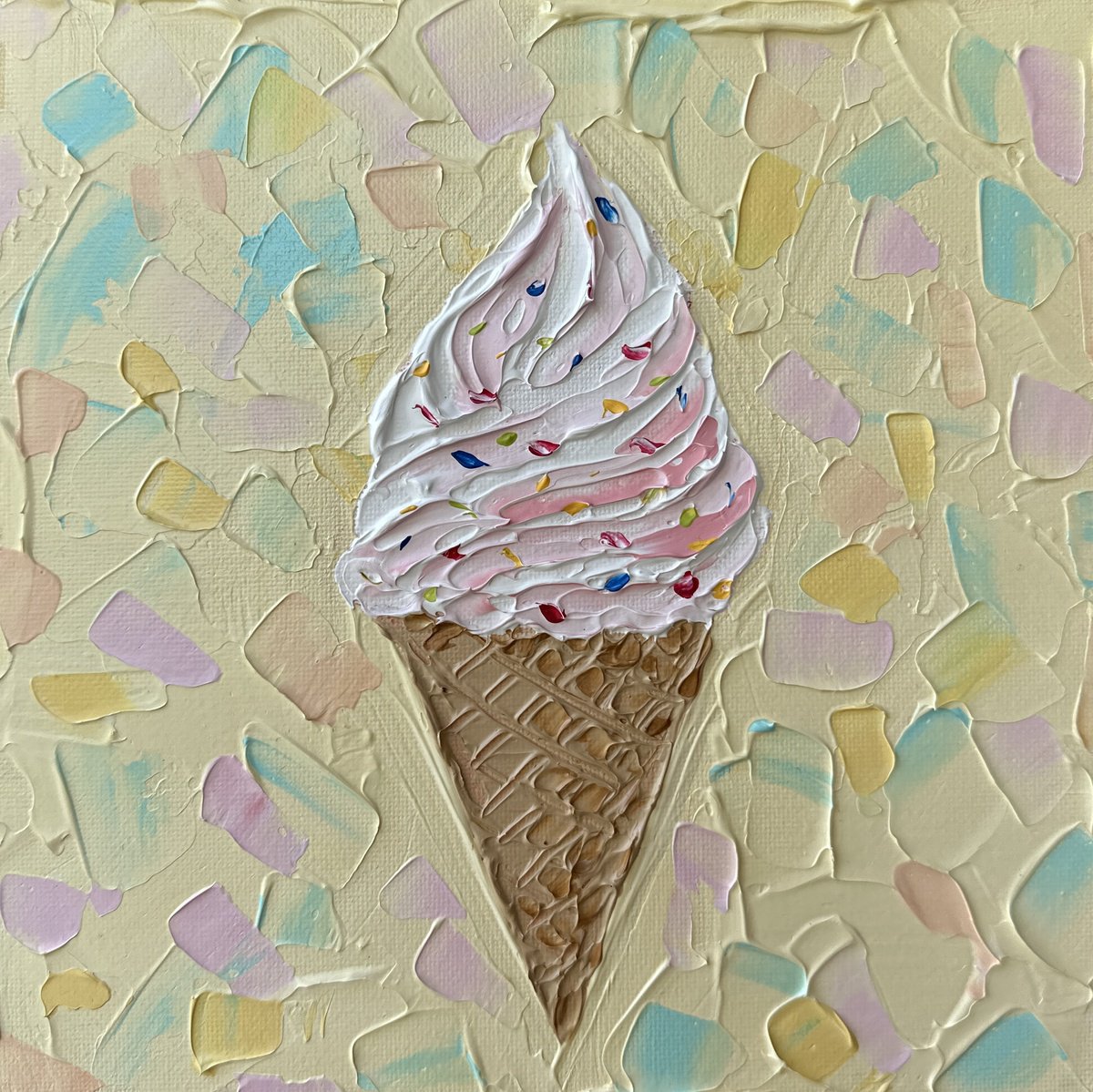 Impressionistic Still Life Acrylic Painting By Guzaliya Xavier, 8 X 8, Ice Cream Cone 3, Original Artwork
