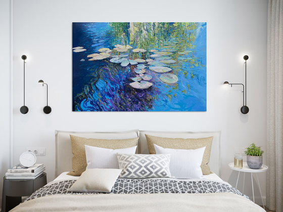 'Water Lilies' Large Impasto Lilly Pad Water Reflections Oil Painting