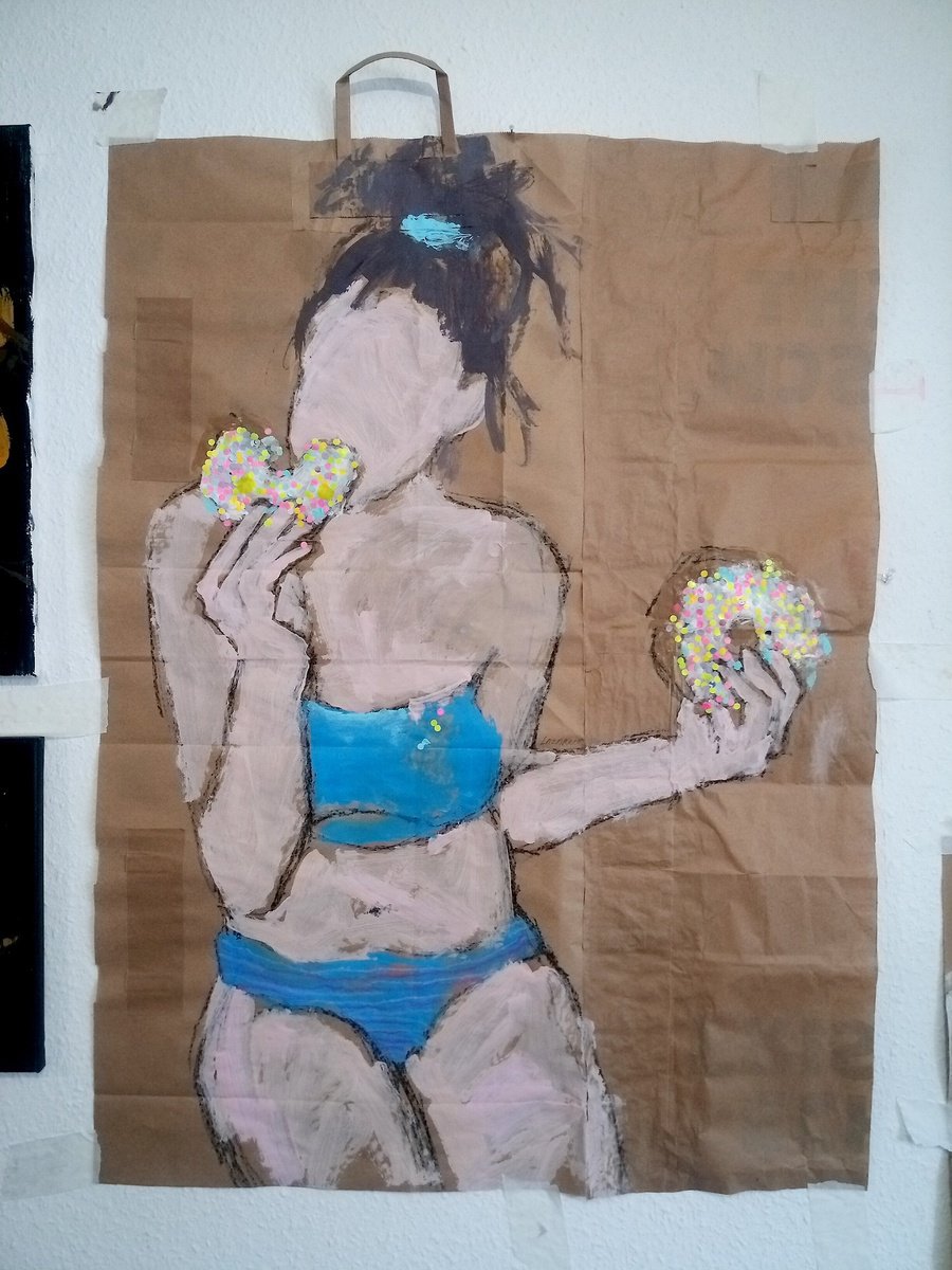 Naive Portrait Acrylic Painting By Valerie Lazareva, 28 X 37", #55/24 Girl With Donuts, Original Artwork