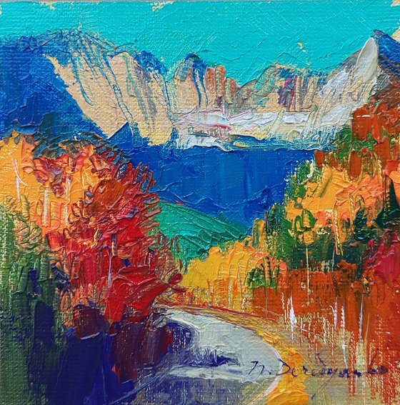 Montana autumn painting original 4x4, Landscape oil painting art miniatures in frame, Mini painting best friend gift