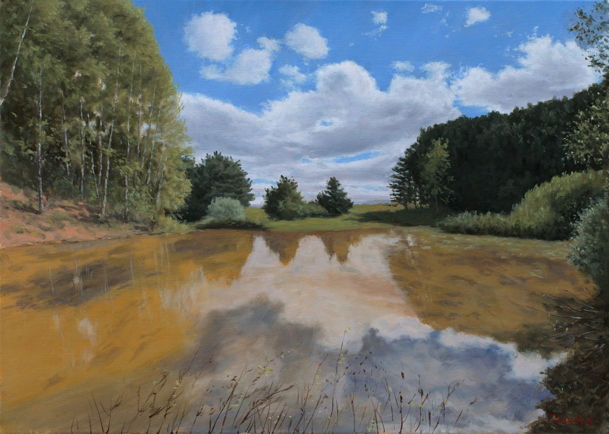 Impressionistic Landscape Oil Painting By Dejan Trajkovic, 28 X 20, Muddy Waters Blues, Original Artwork