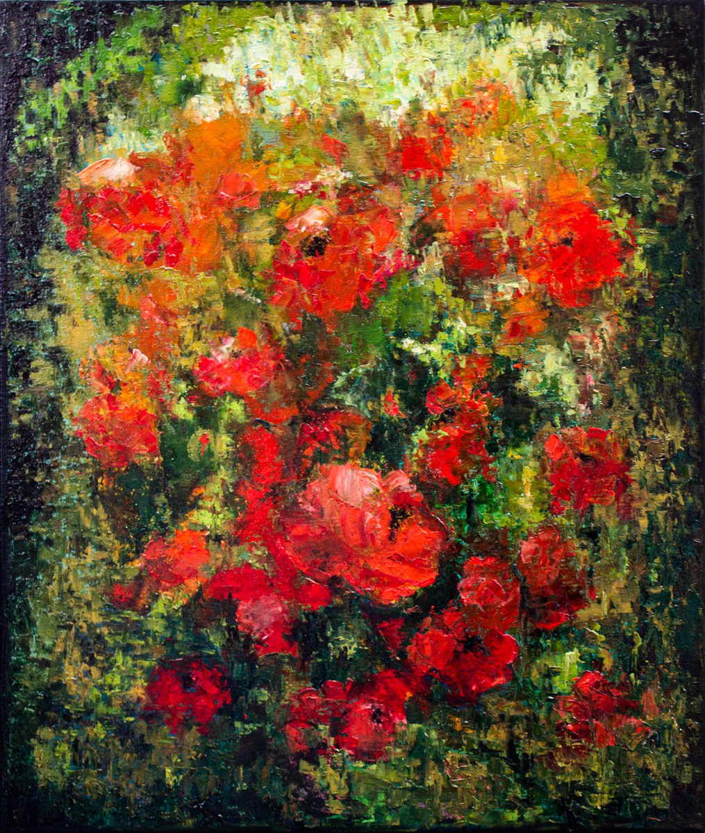 Expressive Botanical Oil Painting By Mila Moroko, 20 X 24", Red Expression, Original Artwork