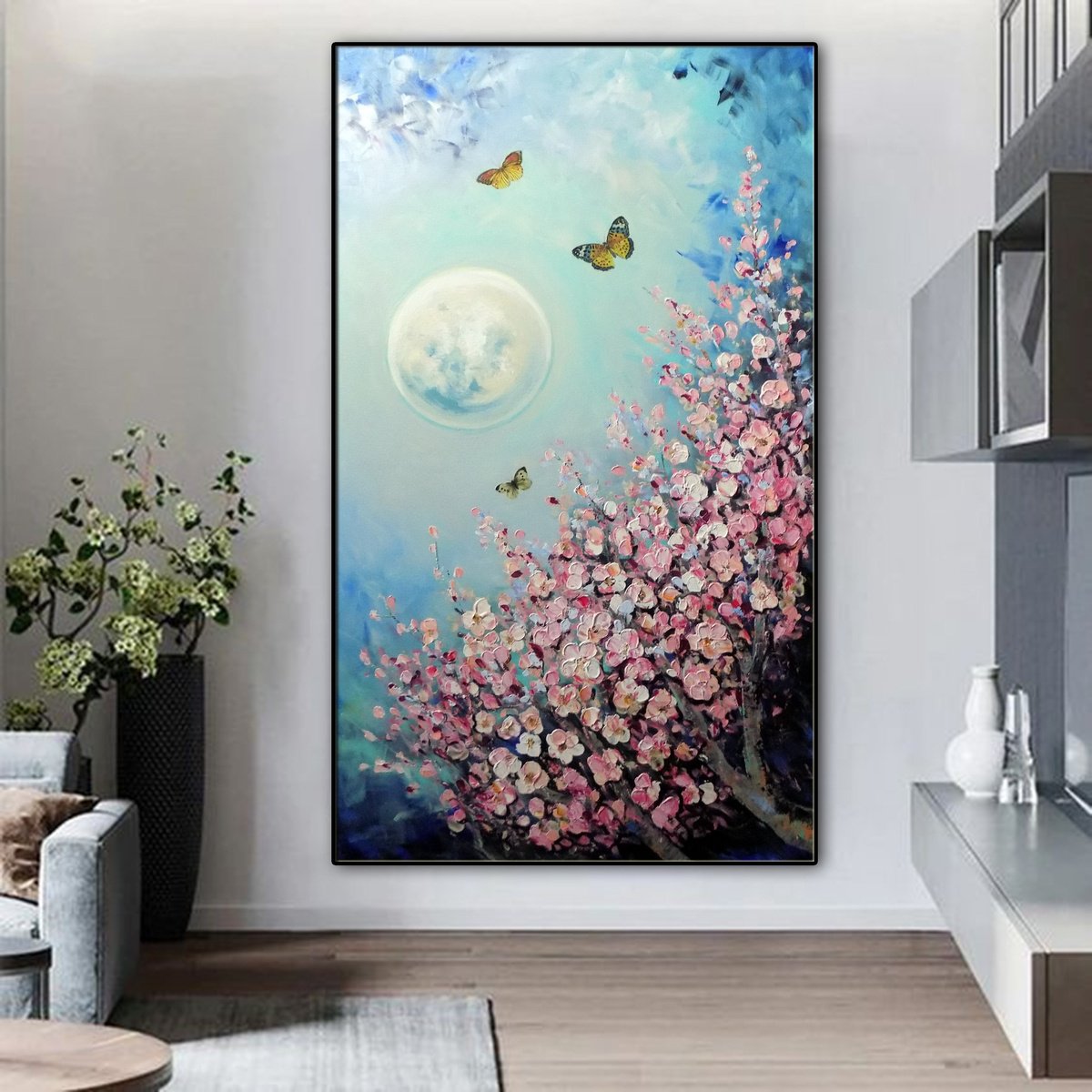 Expressive Landscape Painting By Areti Ampi, 28 X 47, Full Moon In Spring, Original Artwork